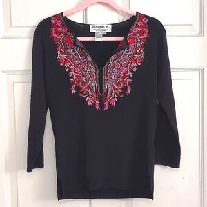 Joseph A Sweater Top Women's Size M Black Floral Swirl Embroidery Viscose Nylon